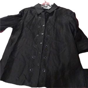 Covington  black size 12 linen blend button down shirt with beaded detail NWOT
